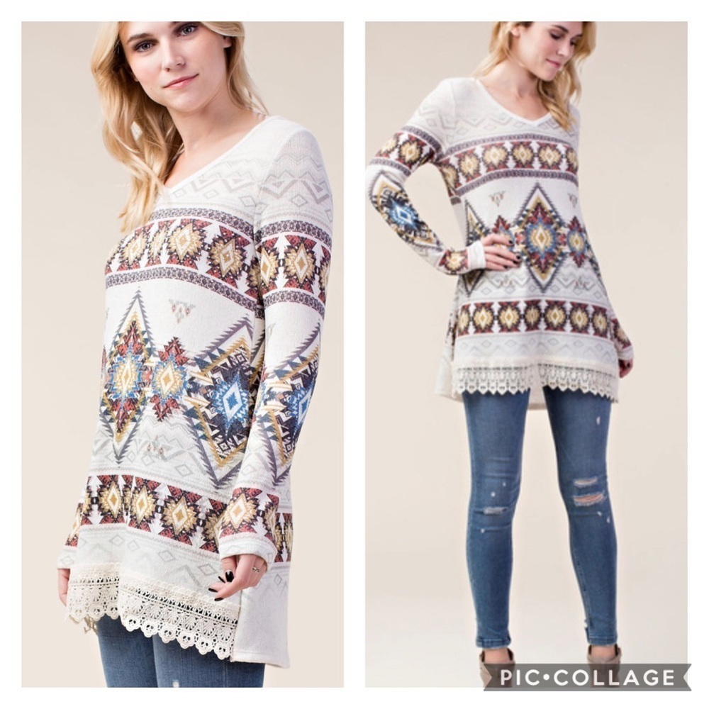 Vocal Women’s Aztec Embellished Tunic with Lace Trim!
